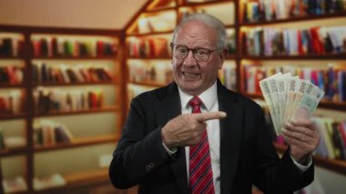 Bir kütüphanedeki kıdemli adam Czech banknotlarını tutuyor, iş başarısını gözler önüne seriyor ve kapalı alanda mali yönetim yapıyor..