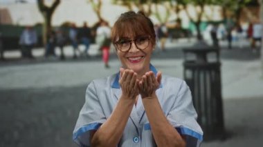 Gülümseyen son sınıf İspanyol kadın üniformalı temizlikçi şehir sokak ortamında insanlarla ve ağaçlarla çevrili, sıcaklığını ve profesyonelliğini gösteren jestler yapıyor..