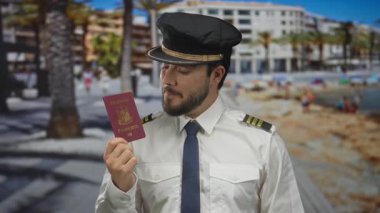 Sakallı pilot üniformalı genç adam açık mavi gökyüzünün altında deniz kenarında bir gezinti alanında Filipinli bir pasaport tutuyor..