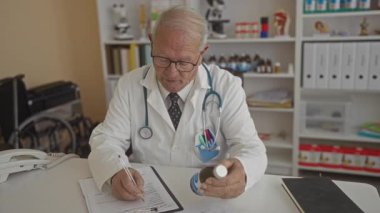 Beyaz önlüklü kıdemli doktor klinik odasındaki masada oturuyor, ilaç şişesini notlarla gözden geçiriyor, tıbbi ekipmanlar ve tekerlekli sandalyeyle çevrili..