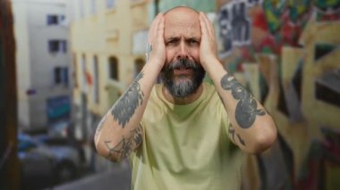 Dövmeli ve sakallı bir adam arkasında renkli duvar yazıları olan bir şehir sokağında sıkıntılı görünüyor..