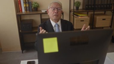 Takım elbiseli kıdemli bir adam, iş ortamını geliştirmek için raflar, kitaplar ve bitkilerle düzenli bir ofis içinden video aracılığıyla iletişim kuruyor..