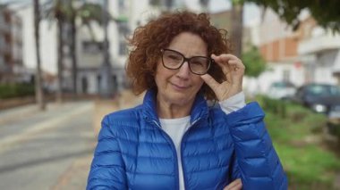 Mavi ceketli bir kadın şehir parkında ağaçlar ve arka plandaki binalarla gözlük ayarlıyor..