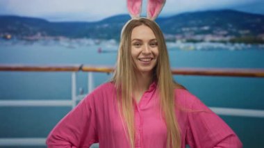 Pembe tişörtlü tavşan kulaklı bir kadın teknede dikilip manzaralı bir limana bakıyor ve arka planda dağlarla dolu neşeli bir deniz yolculuğu deneyimi yakalıyor..
