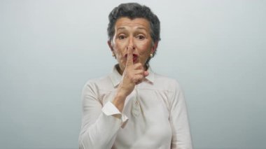 Gri saçlı, gülümseyen ve beyaz arka plana karşı sessiz bir jest yapan açık renk süveter giyen, stüdyo ortamında gizlilik ve mizah anlayışı olan bir kadın..