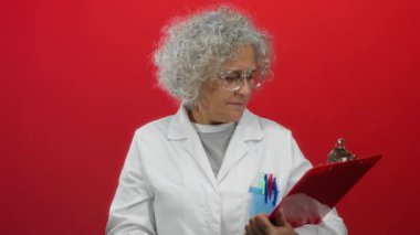 Gri saçlı, laboratuvar önlüklü bir kadın cebinde dolma kalemle canlı kırmızı bir arkaplanda dikilip odaklanmış ifadeyle içeriği inceliyor..