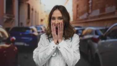 Steteskoplu kadın doktor arabalarla çevrili caddede enerjik bir şekilde gülümsüyor, açık havada neşeli bir şehir sağlık hizmeti anı yakalıyor..
