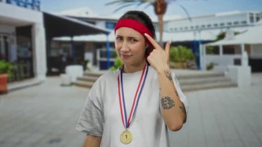 Madalya takan ve kırmızı saç bandı takan bir kadın, şehir sokaklarında şaşkın bir ifadeyle, şehir yaşamını yansıtıyor..