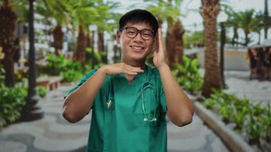 Yeşil önlüklü genç adam, açık hava parkında palmiye ağaçlarıyla gülümsüyor, sağlık hizmetlerini ve boş zamanlarını canlı bir ortamda temsil ediyor..