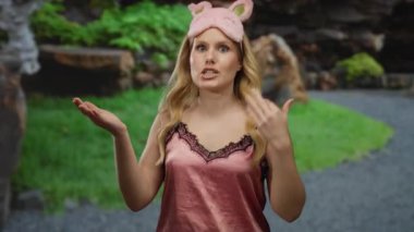 Pembe kulaklı, gece elbisesi giyen bir kadın yeşil ağaçlarla çevrili bir parkta konuşuyor. Sarı saçlı, neşeli bir ifade takınıyor..