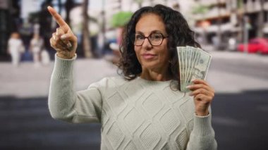 Amerikan doları tutan bir kadın, şehir dışındaki kalabalık bir sokağı işaret ederken kendine güvenen bir ifade ve orta yaş zarafetiyle..