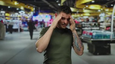 Kapalı alan etkinliğinin bulanık arka planıyla çevrili, hareketli havaalanı terminalinde yüzünü kapatan genç adam duyguları yakalıyor, erkek figürü öne çıkıyor..