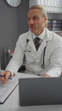 Doktor modern klinik ofisinde tıbbi durumu tartışıyor, steteskop ve beyaz önlük giyiyor, masasında belgeler var, odak ve profesyonelliği içeride gösteriyor..