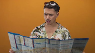 Çiçekli gömlek giyen İspanyol genç adam tatilde izole edilmiş turuncu arka planla karşılaştırma yapıyor.