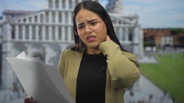 Genç Latin turist kalabalık bir caddede kule önünde dikilirken, boynunu ovuşturan kadın pisa 'nın yanında stresli görünüyor..