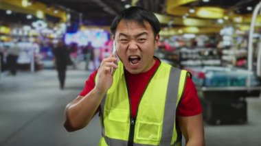 Yoğun bir havaalanı terminalinde, arka planı bulanık, sarı yelekli bir adam akıllı telefondan modern seyahat ortamı ve iletişim sahnesini gözler önüne seriyor..