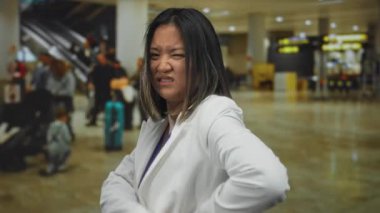 Kalabalık bir havaalanı terminalinde sırt ağrısı çeken genç bir kadın, yoğun bir yolculuğun ortasında rahatsızlık tasvir ediyor..