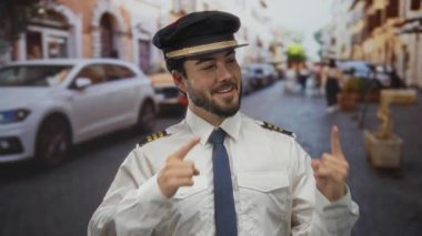 Kaptan üniformalı İspanyol bir adam. Açık havada, her iki yönde de şapka noktaları var. Bulanık arabaları ve insanları var..