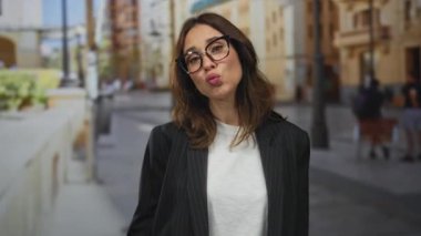 Şehir sokaklarında gözlük takan bir kadın gülümsüyor ve güneşli bir günde yüzlerini öpüyor. Şehir arka planı ve rahat bir atmosferi var..