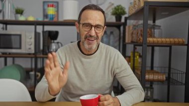 Ofiste orta yaşlı İspanyol bir adam kameraya el sallıyor. İçtenlikle gülümsüyor. Elinde raflar ve ofis malzemeleri olan kırmızı bir bardak tutuyor..