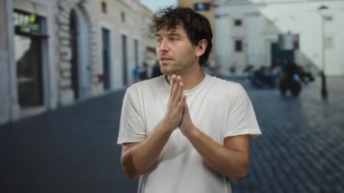 Hispanik bir adam sokakta üşüdüğünü hissediyor, beyaz bir gömlek giyiyor, insanlarla ve binalarla dolu bir şehir ortamında kendini sıcak tutmak için kendini kucaklarken dalgın görünüyor..