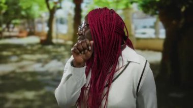 Dışarıda örülmüş saçlarıyla gülümseyen bir kadın güneş ışığı parkında güneş gözlüğü takıyor canlı yeşillikler ve günlük giysiler sergiliyor..