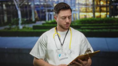 Sakallı ve steteskoplu Kafkasyalı genç bir doktor şehir dışında gündüz vakti elinde bir pano tutarak tıbbi profesyonellik sergiliyor..