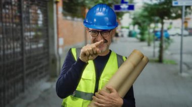 Açık havada gülümseyen erkek inşaat işçisi mavi kasket ve güvenlik yeleği giyiyor, elinde yuvarlak şehir sokaklarının planları var. Önünde güven ve memnuniyeti gösteren bir jest var..
