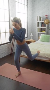 Geniş pencereli ve rahat yataklı, parlak bir yatak odasında çıplak ayak yoga yapan bir kadın ev çalışması için sakin bir atmosfer yaratıyor..