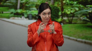 Parlak kırmızı tulumlu ve kelepçeli bir kadın açık havada poz veriyor, yemyeşil bir caddede, çarpıcı ve zıt bir sahne yaratıyor..