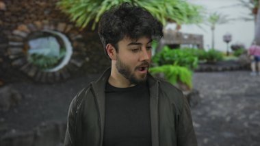 Güneşli bir günde, açık havada sakallı genç bir adam. Etrafı yemyeşil bitkiler ve taş yapılarla çevrili. Canlı, doğal bir ortamda şaşkınlık ve merakını dile getiriyor..