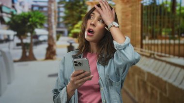 Şehrin arka planında karışık duygular gösteren akıllı telefondan mesaj atan genç İspanyol kadın.