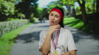 Parkta madalyalı genç bir kadın, kırmızı saç bandı ve beyaz gömlek takıyor, yeşil ve patikayla çevrili, açık havada ilham verici fitness ve başarı hedefleri sergiliyor..