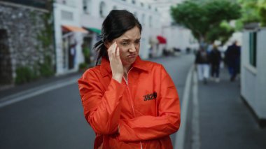 Turuncu hapishane tulumu giyen kadın sokakta dikiliyor hayal kırıklığına uğramış ve kafası karışmış bir halde..