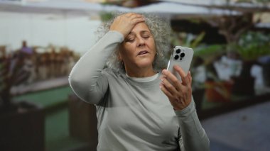 Gri saçlı bir kadın restoranın terasında telefon kullanıyor. Hayal kırıklığını ya da şaşkınlığı dile getiriyor..