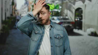 Kot ceketli genç adam arka planda bulanık arabalarla hareketli bir şehir caddesinde endişeli görünüyor..