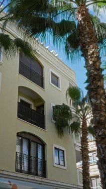 Açık mavi gökyüzünün altında, Torrevieja, İspanya 'da balkon ve palmiye ağaçlarıyla ön cephe inşa ederek, Akdeniz mimarisi ve açık hava manzarasını ön plana çıkarıyor..