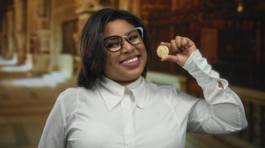 Kilisenin arka planında elinde kripto bozuk parayla gülümseyen bir kadın, modern finans ile geleneksel mimarinin yan yana geldiğini gösteriyor..