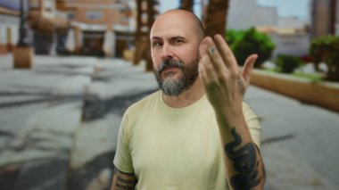 Güneşli bir şehir sokağında sakallı bir adam, dövmelerini gösteriyor, sıradan tişörtler giyiyor, mutlu ve davetkar görünüyor, kel ve gülümsüyor, arka planda ağaçlar ve binalar var..