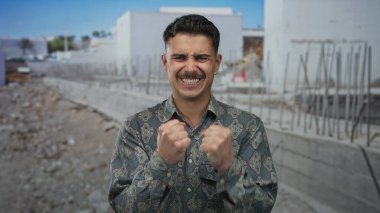 Şantiyede kutlama yapan genç İspanyol bir adam. Bitmemiş binanın önünde daracık yumruklu desenli gömlek giyiyor. Heyecan ve başarı sergiliyor..