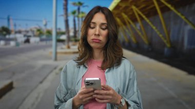 Şehir sokaklarında akıllı telefon kullanan kadın, şehrin arka planında, günlük teknoloji kullanımını sergiliyor..