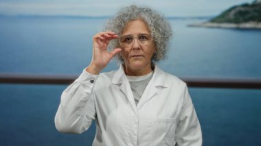 Kıvırcık gri saçlı ve gözlüklü yaşlı bir kadın sakin bir okyanus arka planının önünde duruyor, beyaz bir palto giyiyor, deniz kenarında dinginlik ve bilgelik hissi yayıyor..