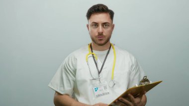 Sakallı ve steteskoplu genç bir doktor stüdyo ortamında beyaz arka planda duruyor..