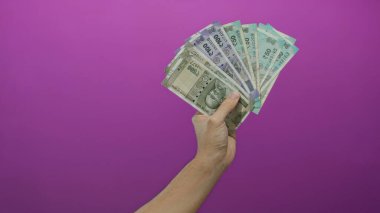 Kafkasyalı bir adam, canlı pembe bir duvara karşı elinde Hint rupisi banknotları tutuyor, izole bir ortamda para ve finansal konseptler sergiliyor..