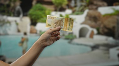 Norveçli banknot, arka planda adamın olduğu açık havuz kenarında, doğal su ortamındaki hareketli seyahat ve eğlence ortamını yakalıyor..