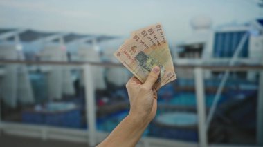 Romanya 'da deniz kenarında bulanık deniz seyahati geçmişi olan bir adam, güneşli bir açık havada seyahat ve finans temaları sergiliyor..