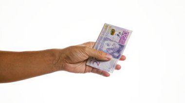 İzole edilmiş beyaz arkaplan üzerinde İsveç kronunu tutan adam finansal konsepti ima ediyor