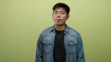 Kot gömlekli genç Asyalı adam, sarı duvara karşı komik bir ağız hareketi yapıyor, oyunculuk ve tarz sergiliyor..