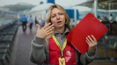 Güvertede kendini yelpaze gibi gösteren bir kadın. Kırmızı yelek ve pano takıyor. Açık deniz seyahatinin ortasında gönüllü olduğunu gösteriyor..