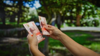 Norveç Kronu 'nu elinde tutan bir adam şehir parkında açık hava banknotları tutuyor. Şehir sokaklarında para ve yatırım kavramları öneriyor..